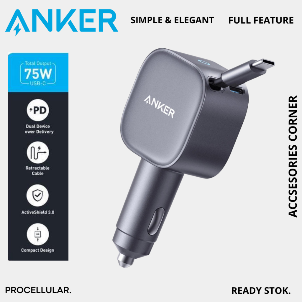 Anker Car Charger Nano 75W Fast Charging Retractable Kabel Type C