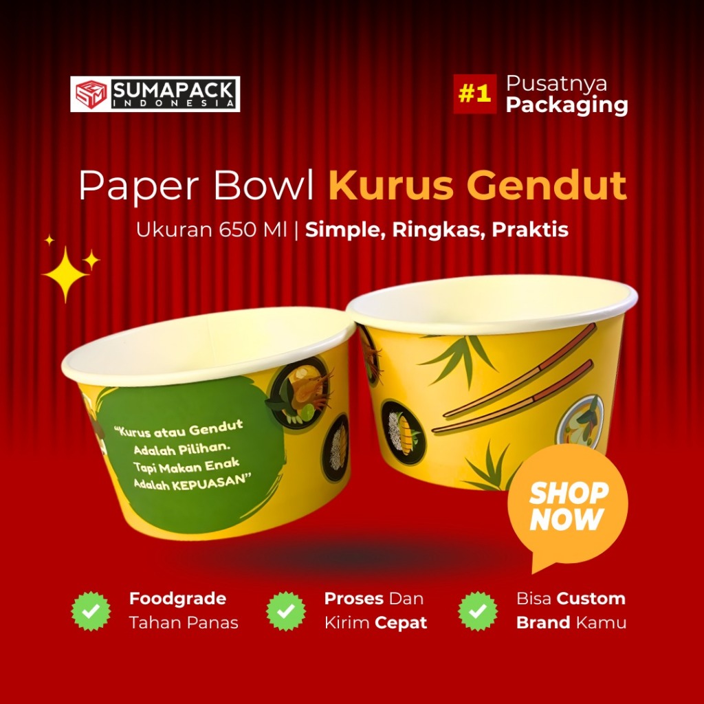 Paper Bowl 650 ml | Paper Rice Bowl | Mangkok Kertas | Motif Kurus Gendut