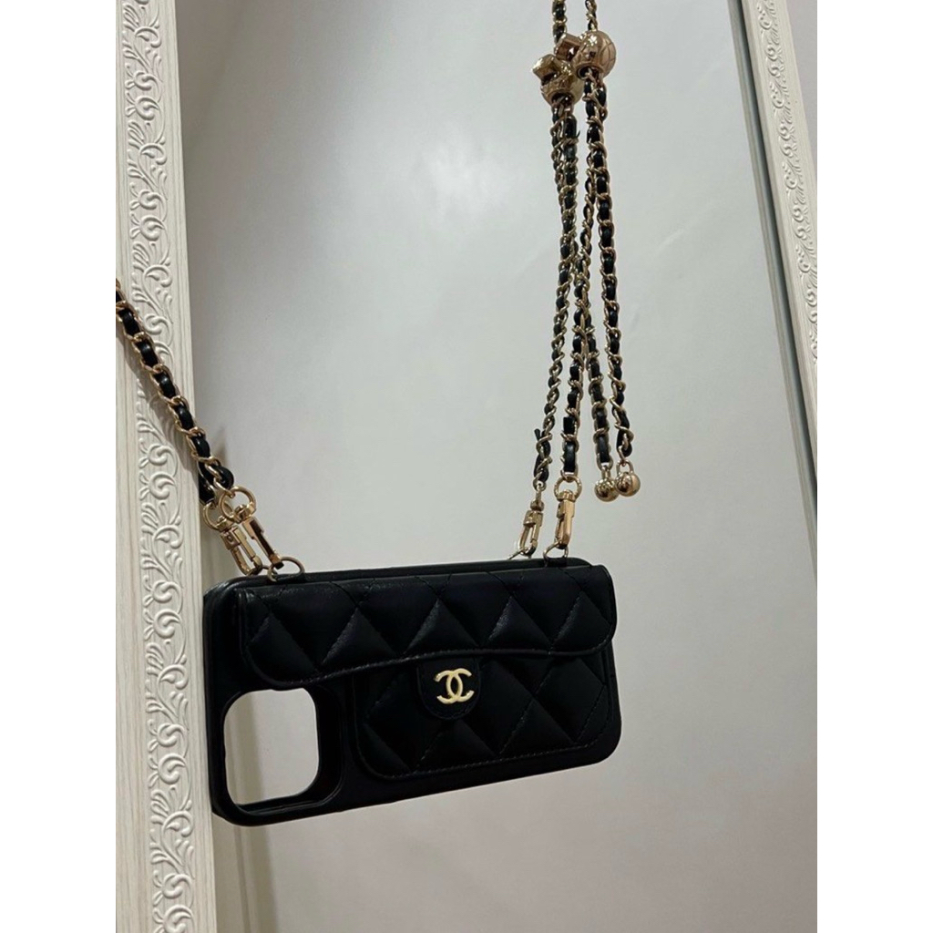 iPhone 13 Pro Max - Chanel Caviar Phone Case with Long Chain in Black & Gold