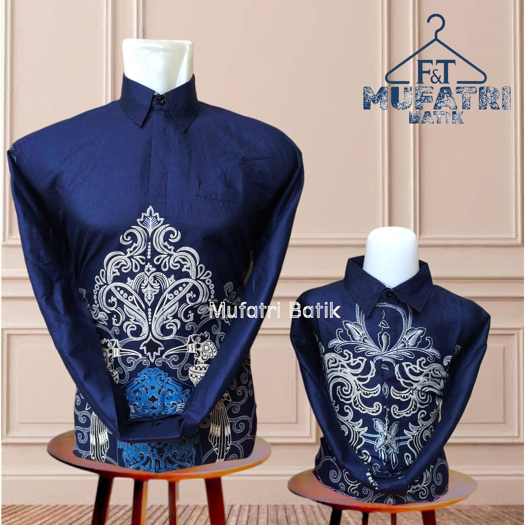 Couple Batik Ayah Dan Anak Laki Laki Warna Biru Dongker Bahan Katun Lapis Furing Motif Elegan Mewah/
