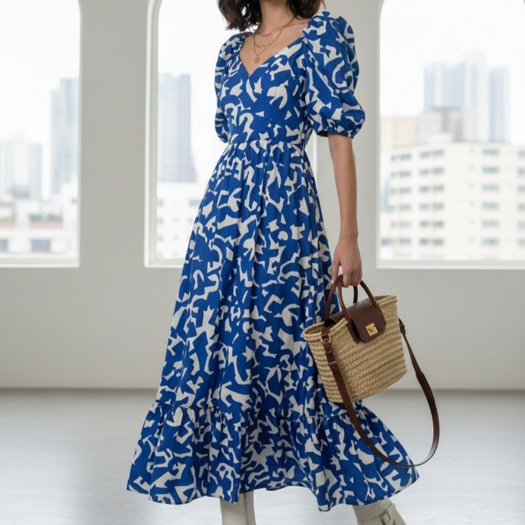 Preloved Zara Printed Poplin Dress Blue White Frill Puff Sleeve