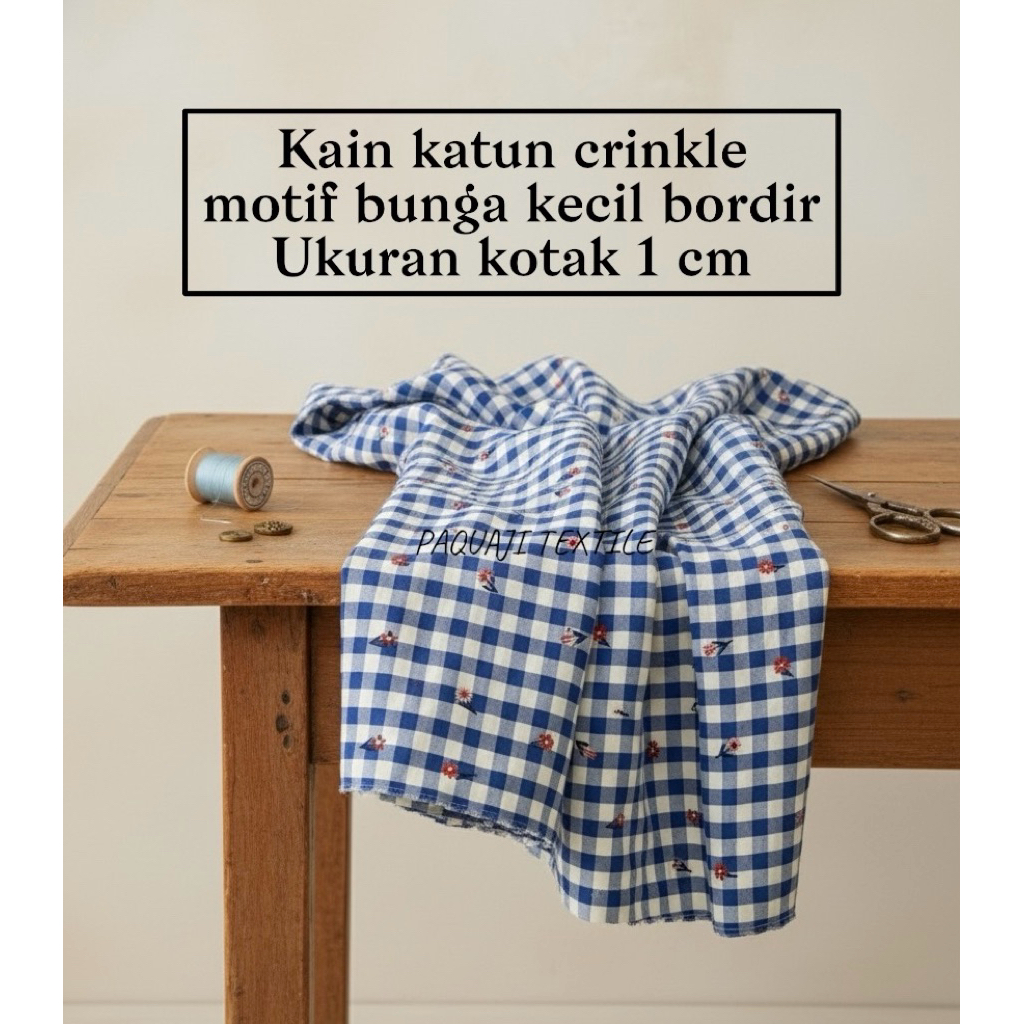 bahan kain katun crinkle motif kotak kotak dan bunga kecil bordir/katun crinkle motif (harga tertera