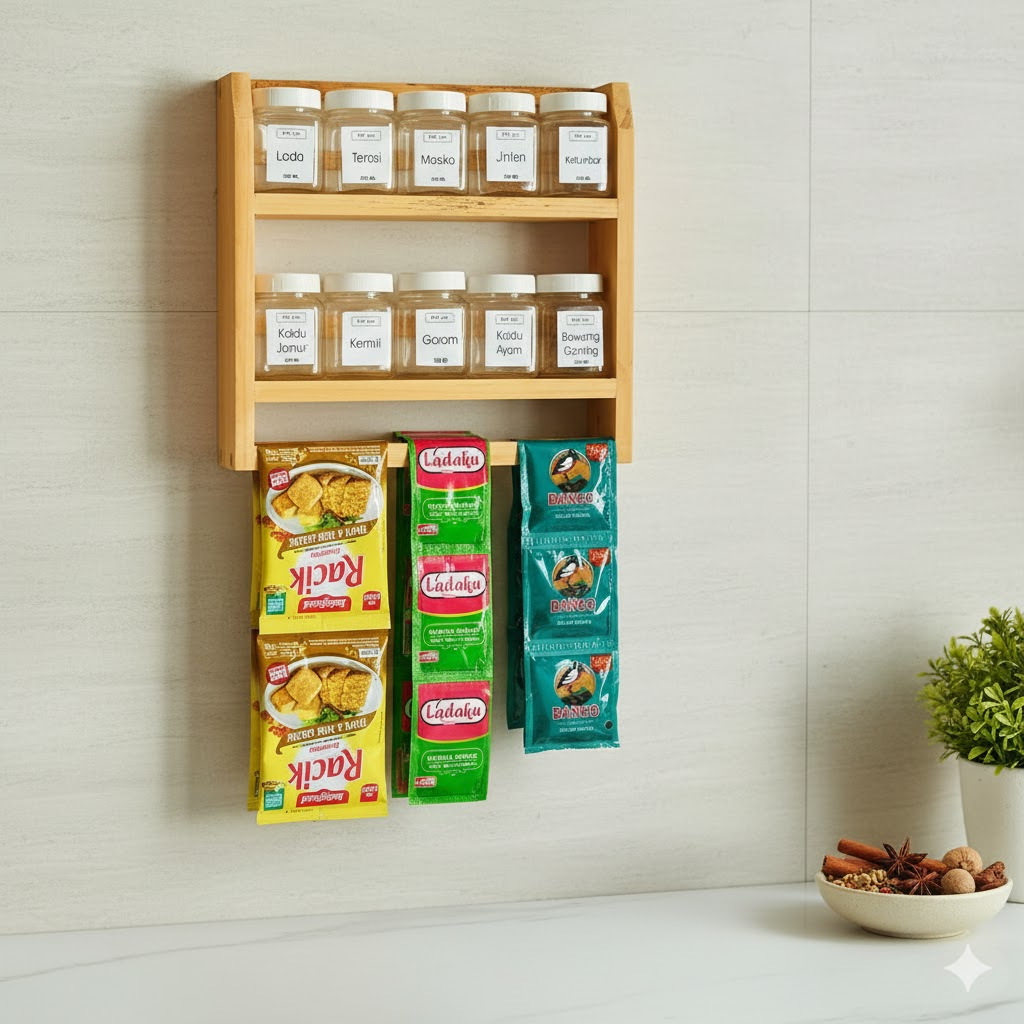 Rak Bumbu Dapur 2 Susun Lengkap Gantungan Bumbu Sachet Tempat Gantungan Bumbu Masak Kayu Pinus