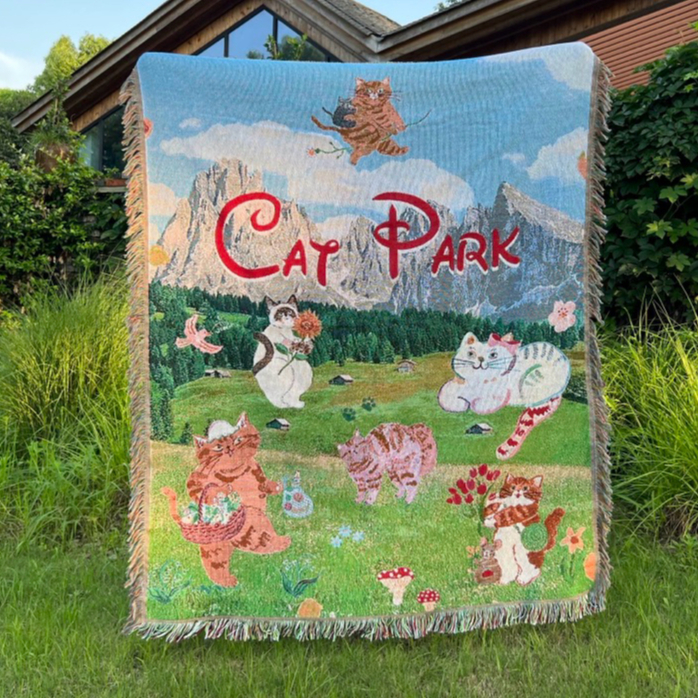 Ready Stock | Woven Tapestry Motif Boneka Kartun Kucing Cat | Throw Blanket Selimut Rajut Knit Alas 