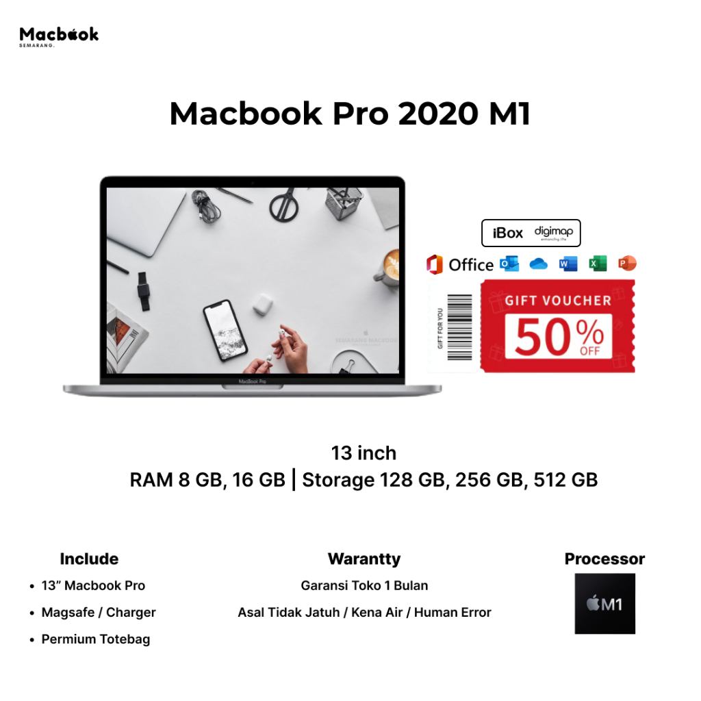 Macbook Pro 2020 M1 13" RAM 8 GB, 16 GB / Storage 256 GB, 512 GB