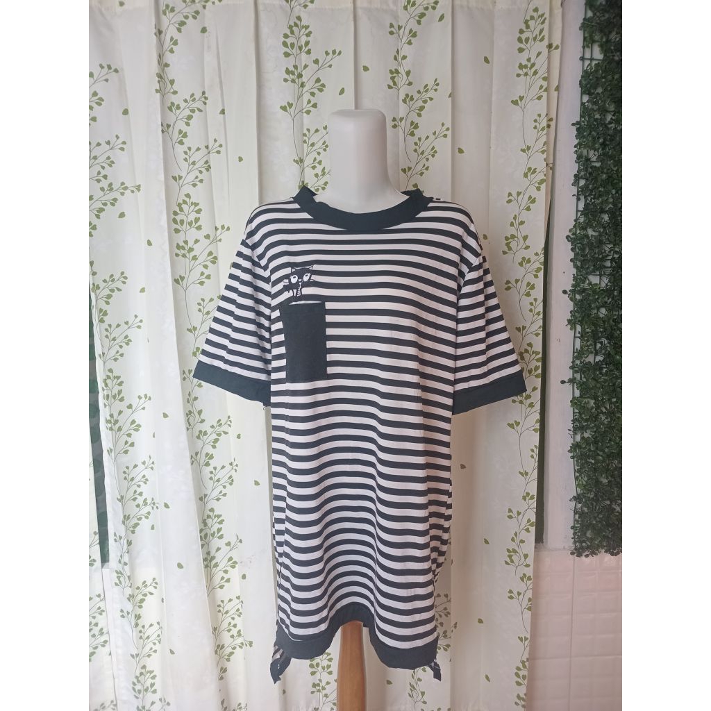Dress tunik motif salur hitam putih lengan pendek