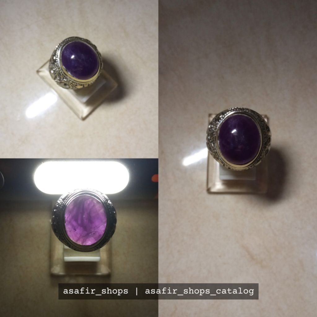 Akik Kecubung Wulung Asli 100% Hitam di Senter Ungu Berserat Identik