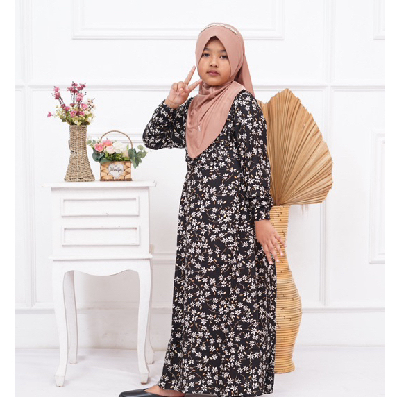 GAMIS ANAK  PERMPUAN SYARI WARNA HITAM TERMURAH BAHAN RAYON MOTIP PREMIUM REMAJA USIA 8-10 TAHUN ROS