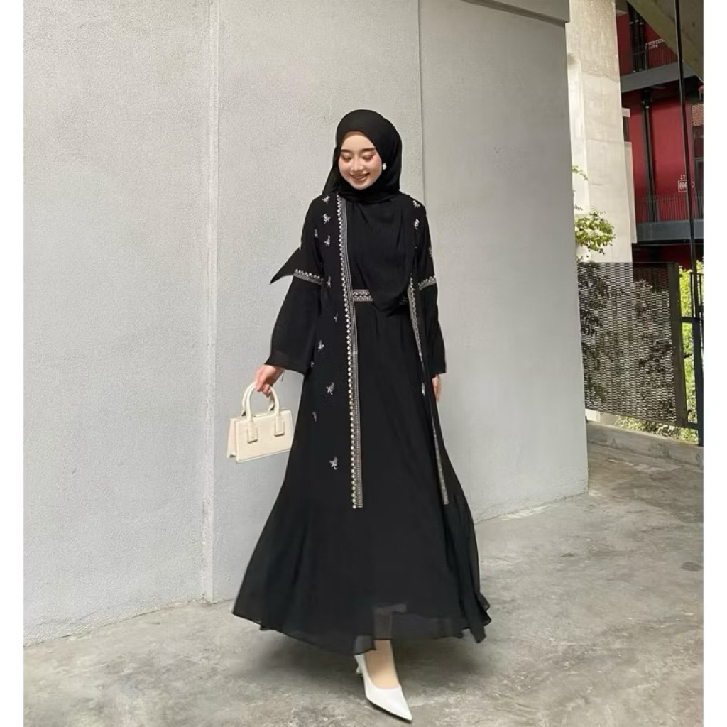 Safwa Abaya Bahan Ceruty Babydoll Aplikasi Bordir Gamis Abaya Bordir Mewah Simple Elegant