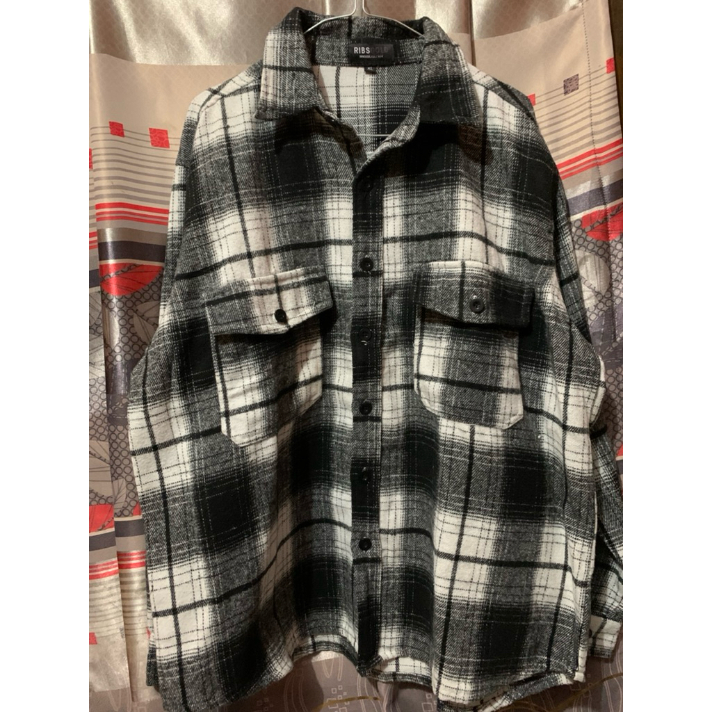 Flanel Veterano hitam putih tebal Ribsgold wol tebal vintage flanel