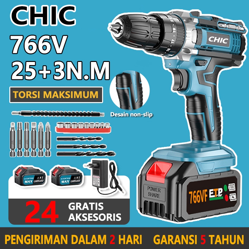 CHIC 766V Bor Baterai Mesin Bor Baterai Tangan Cordless Drill Mesin Bor 2baterai Cas 10mm Bor Iistri