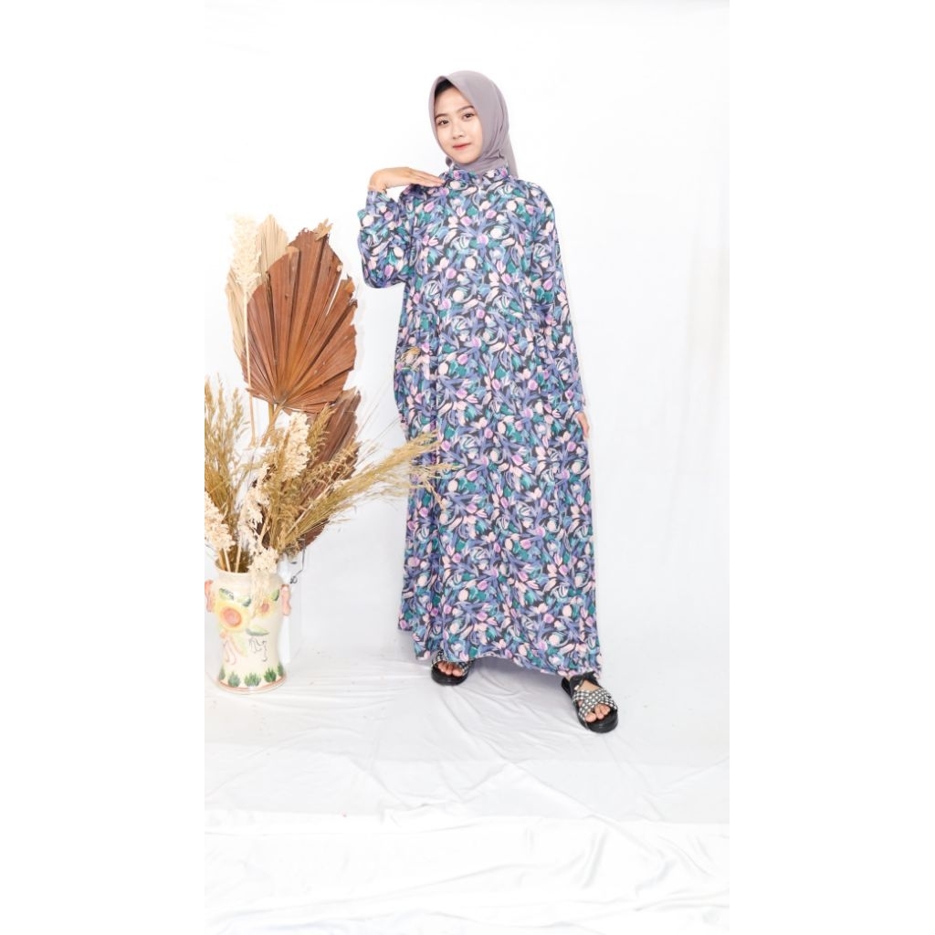 Gamis motif floral navy blossom rayon premium