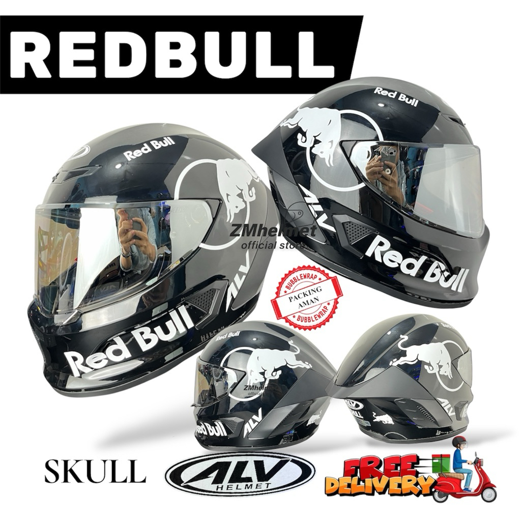 HELM ALV SKULL Solid Motif Black Redbull Full Face SNI
