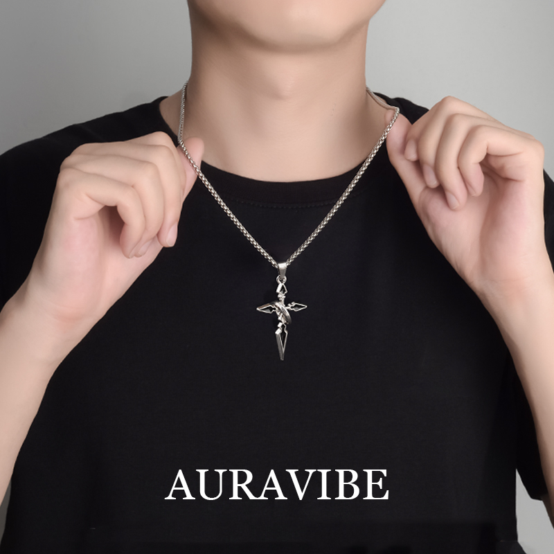 AURAVIBE- Kalung Titanium Unisex Model Anime Terbaru Liontin Salib Keren + Ring Streetwear