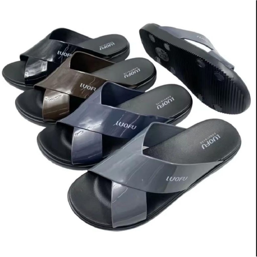 LUOFU Sandal Selop Silang Karet Wanita Ttk Hitam Import Ringan