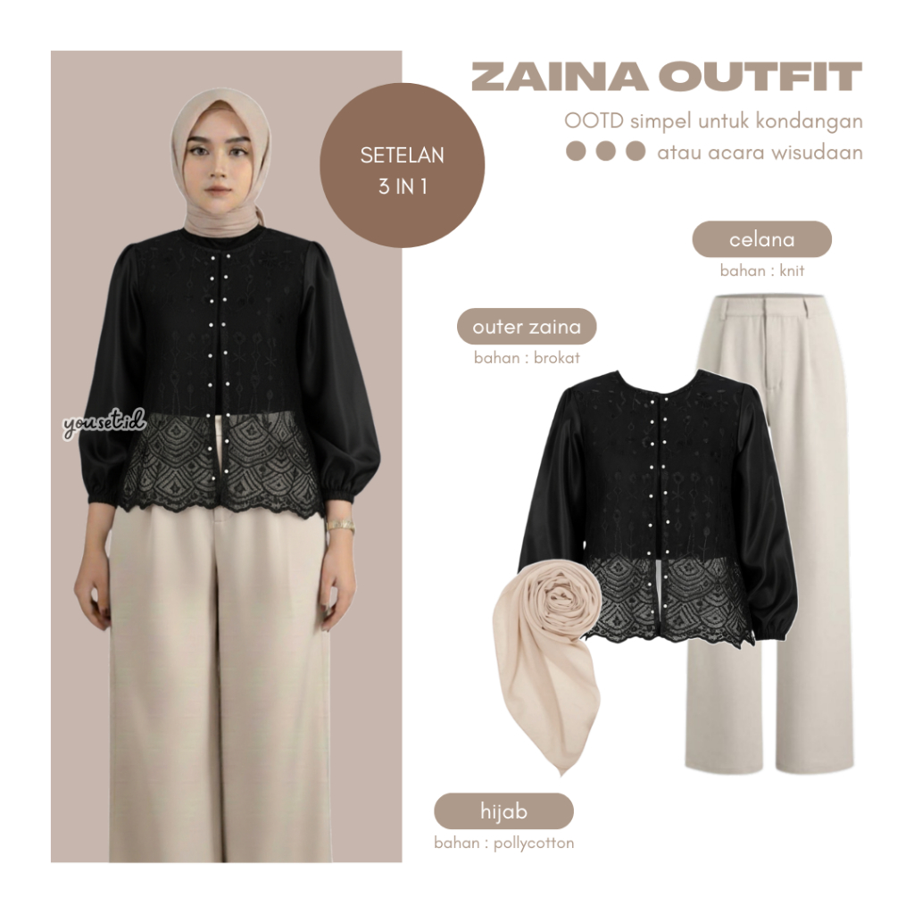 Setelan Lebaran Remaja Kekinian | Zaina Outer Crop Brokat - Celana - Hijab | One Set 3in1 | LB168