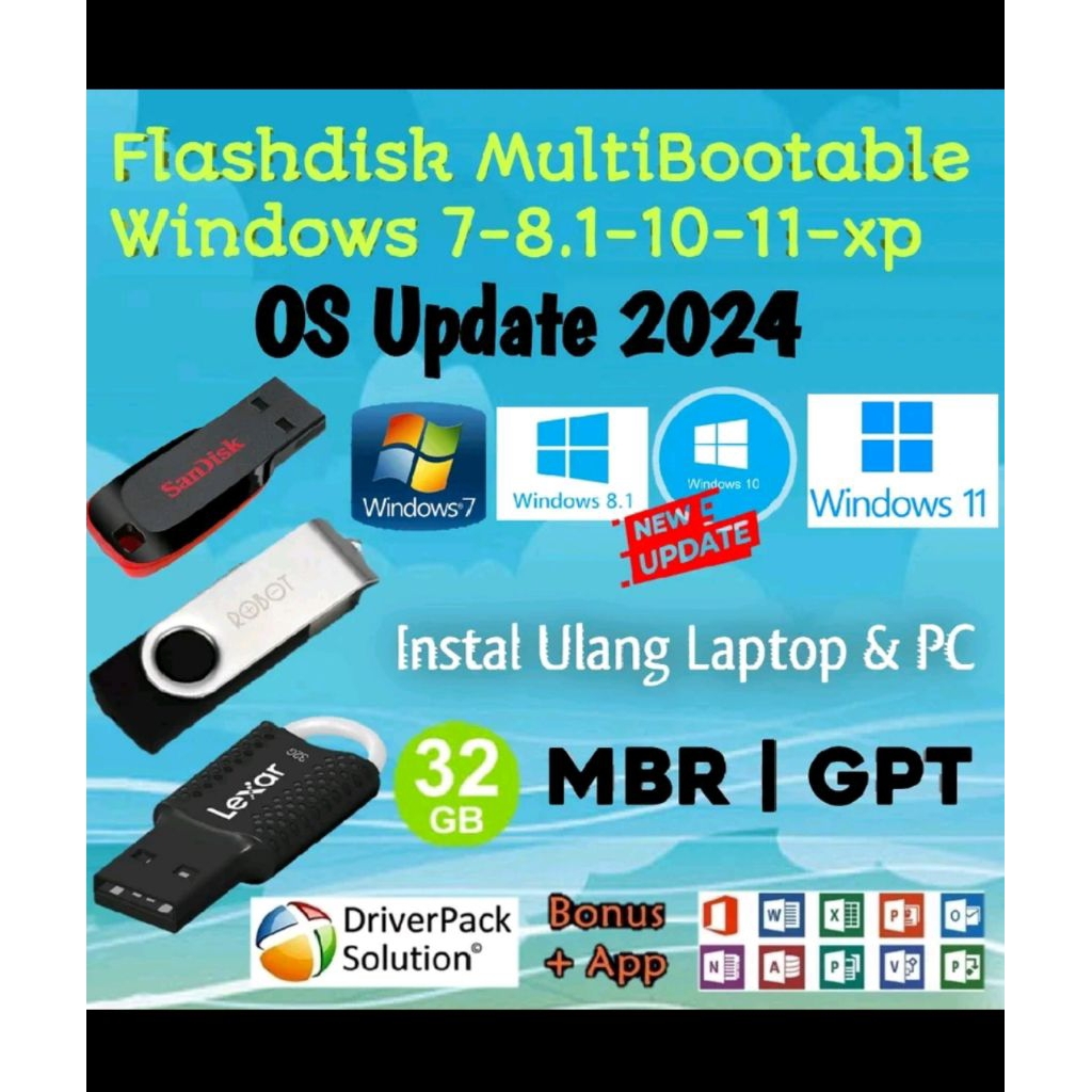 FLASHDISK BOOTABLE INSTALLER WINDOWS XP/7/8.1/10/11 ORIGINAL PLUS DRIVERPACK