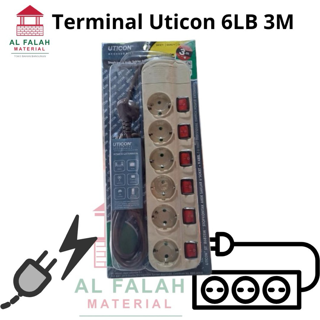 Stopkontak Terimnal Uticon 6 Lubang dan 3 Meter Switch On Off