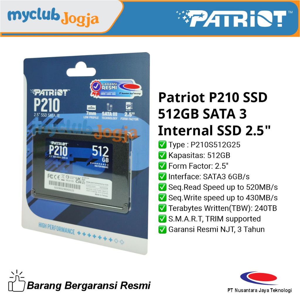 Patriot P210 SSD 512GB SATA 3 Internal SSD 2.5" storage Komputer dan Laptop P210S512G25 penyimpanan 