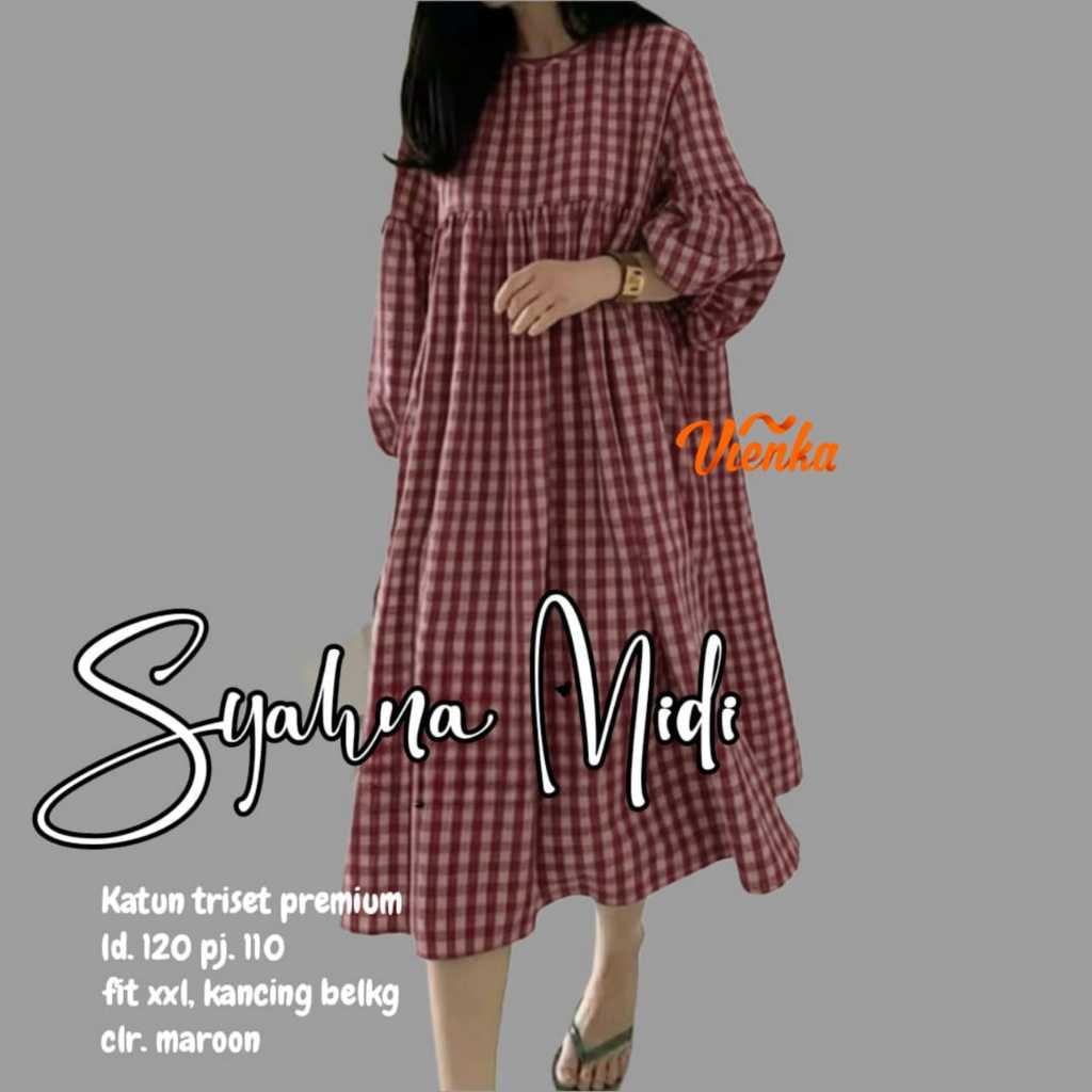 SYAHNA MIDI DRESS JUMBO SIZE XXL MOTIF KOTAK KOTAK TERBARU PAKAIAN WANITA BAJU DRESS LENGAN BALON LD