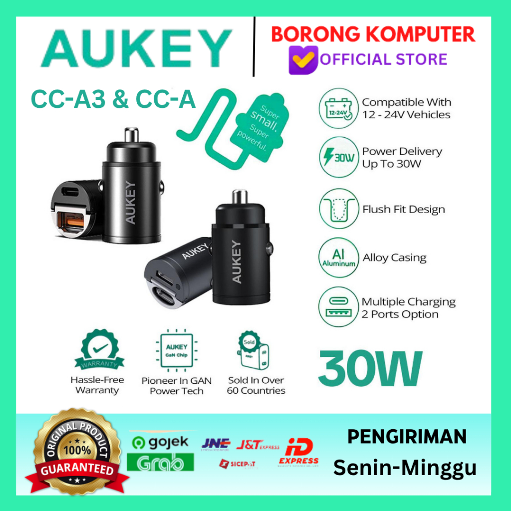 AUKEY Car Charger 30W Multi Port PD 3.0 QC 3.0 CC-A3 & CC-A4 - USB C & USB C