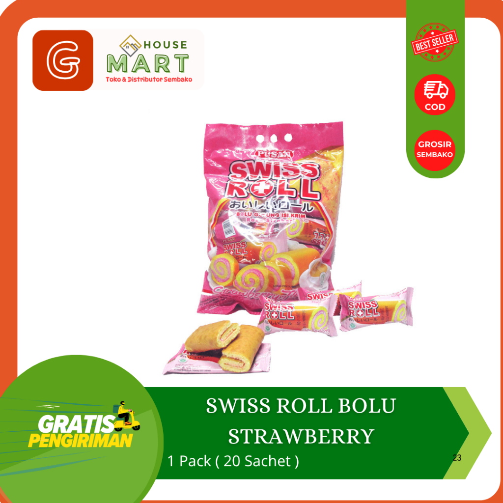 [1 PACK] PUSAN SWISS ROLL BOLU GULUNG ISI KRIM RASA MOCHA/ COKELAT / STROBERI / KELAPA PANDAN ISI 20