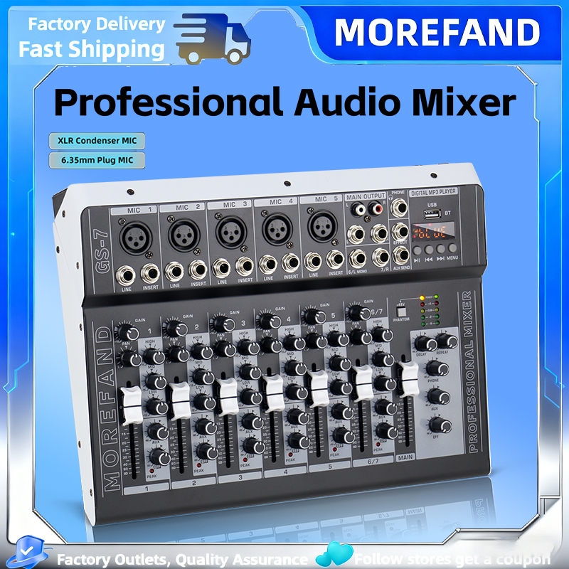 MOREFAND Professional mixer audio, GS7,4/7 channel audio mixer. 16DSP USB/MP3/Bluetooth Daya 48V, Ou