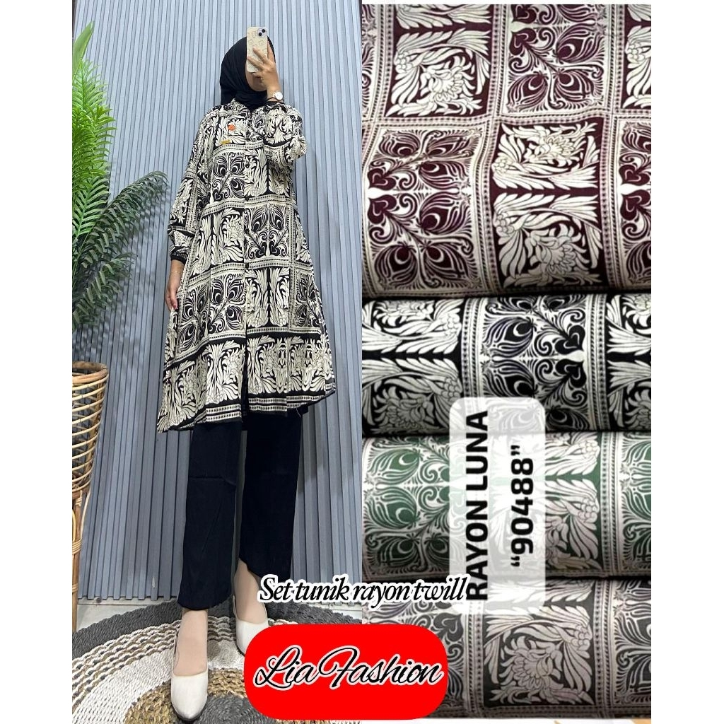 SETELAN/ONSET LONG TUNIK RAYON PREMIUM MOTIF SALUR JUMBO LIA FASHION