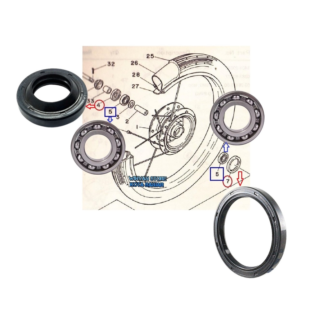 Seal roda depan kiri kanan dan bearing kiri kanan Yamaha V75 V80
