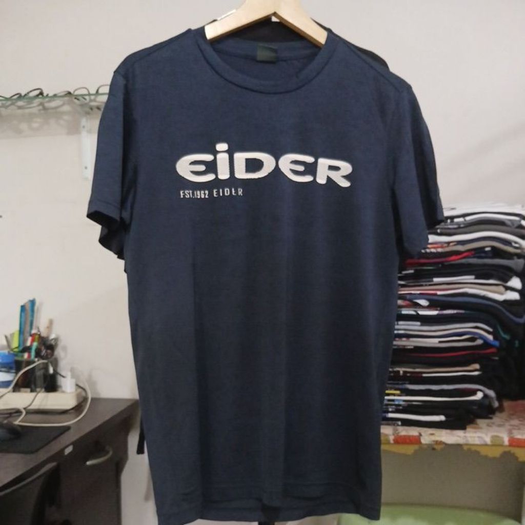 Kaos Jersey dry fit lembut warna navy pekat kerah kencang EIDER second Original size M ld 105cm Pjg 