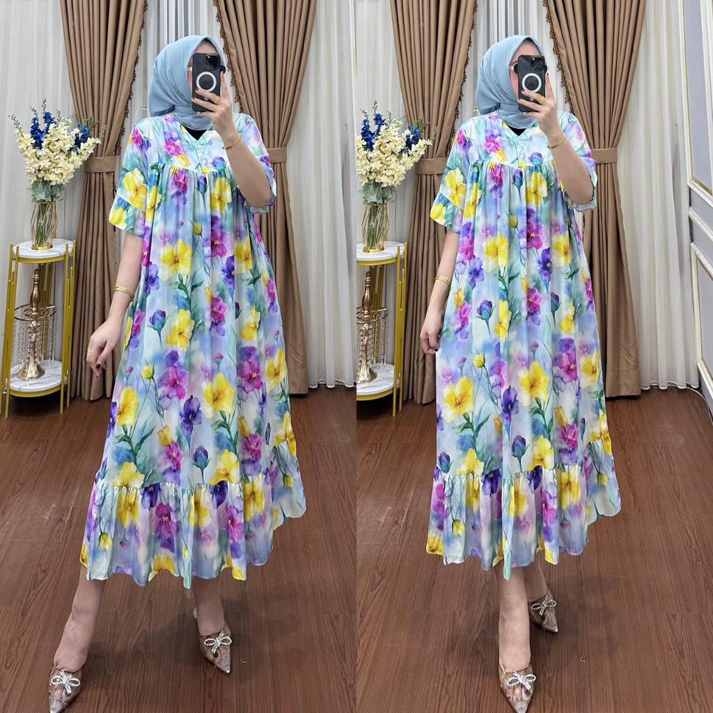 QF. MIDI DRESS KATUN RAYON MOTIF TERBARU / MIDI DRESS WANITA / MIDI DRESS
