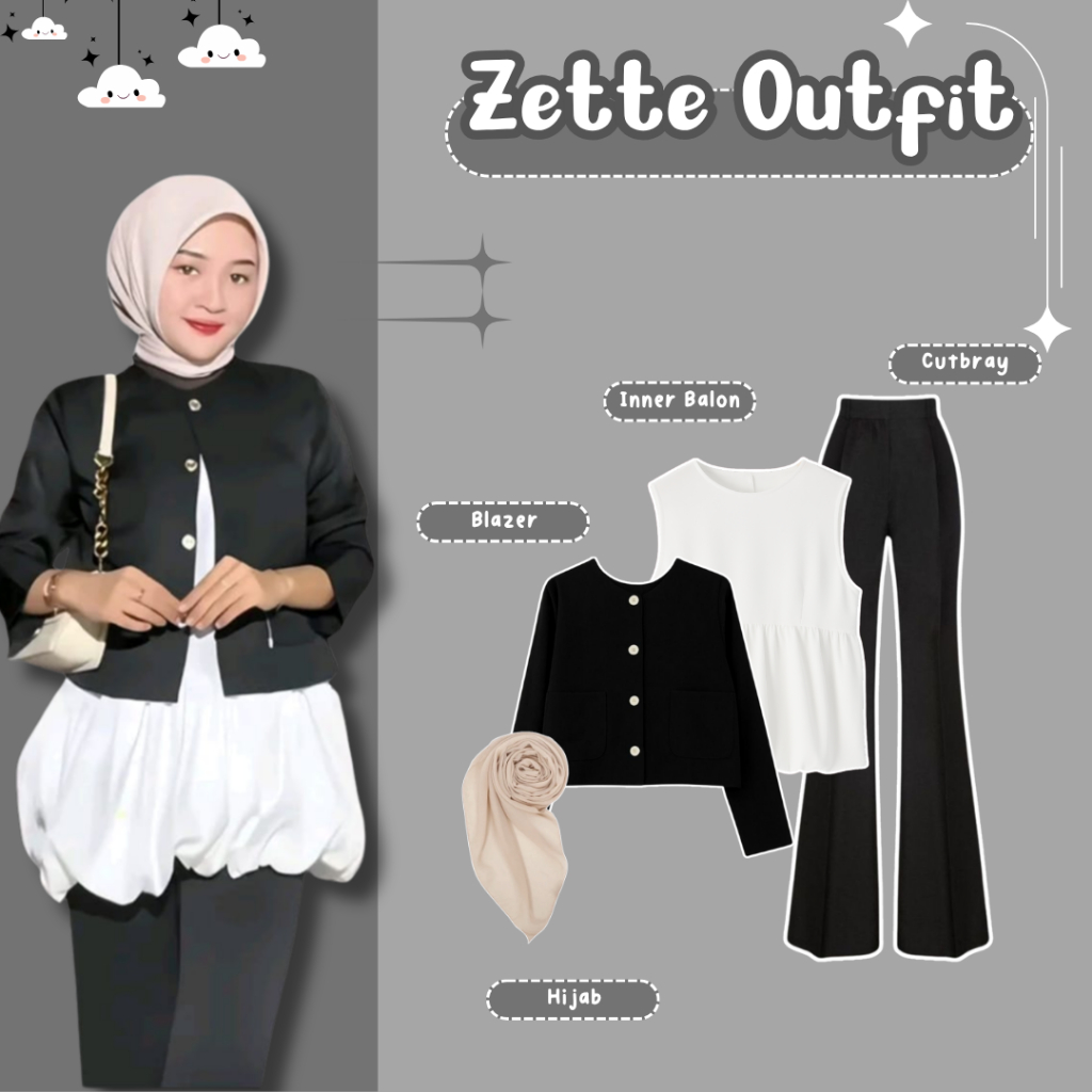 Zette Outfit Set | Blazer ~ Inner Balon ~ Hijab ~ Cutbray | Setelan OOTD Korean Style | Outfit Hango