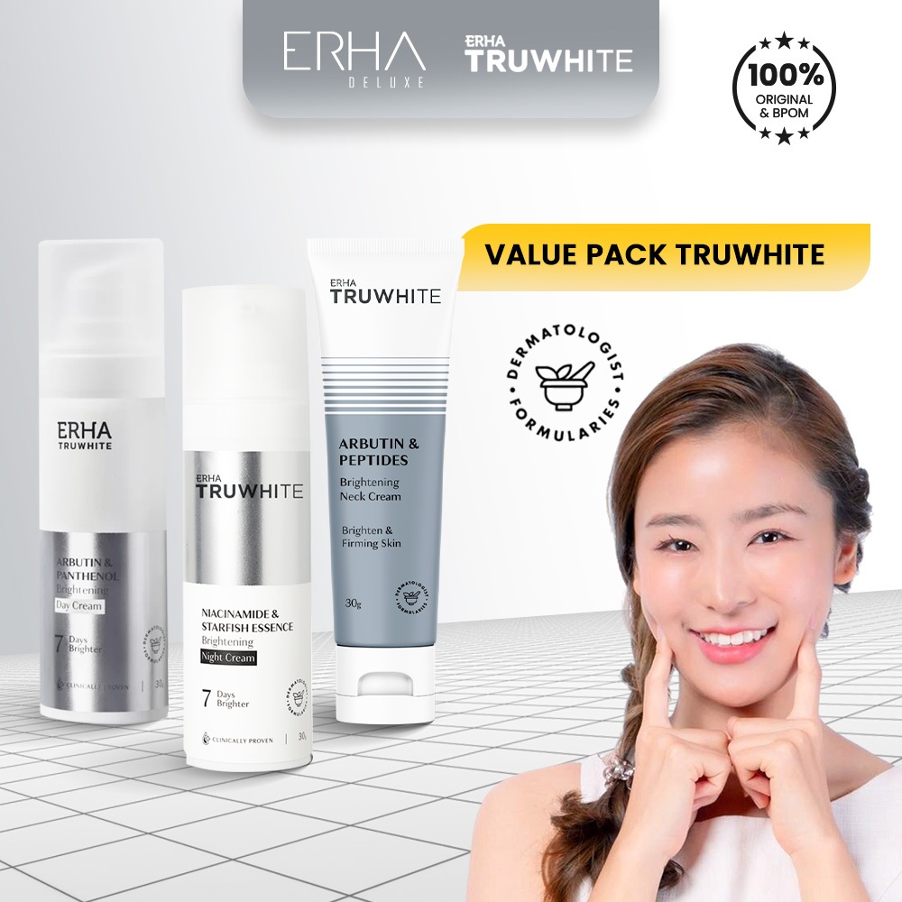 ERHA Truwhite Brightening Day Night Neck Cream 3 Pcs - Krim Pemutih Wajah Leher Niacinamide Peptides