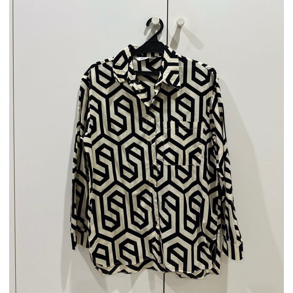 ZARA Printed Monogram Tunic Shirt kemeja lengan panjang wanita