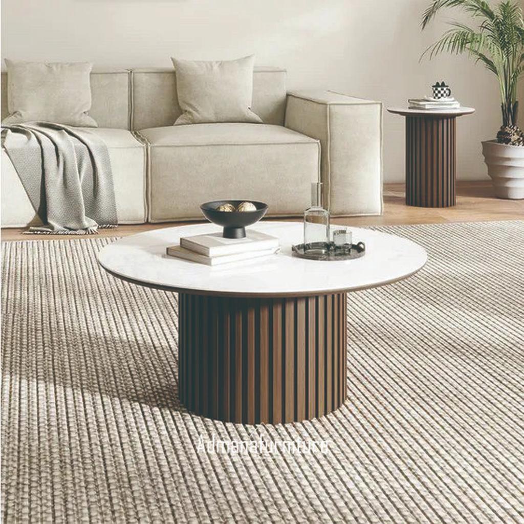 meja tamu bulat minimalis modern | coffe table kayu jati hpl