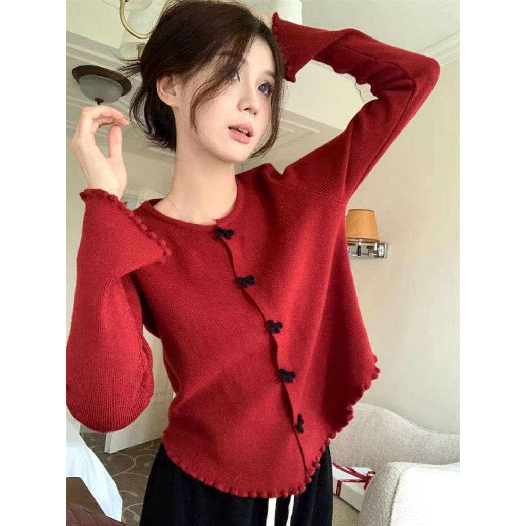MERRY Top Wanita Lengan Panjang Kancing Ribbon Knit Rib