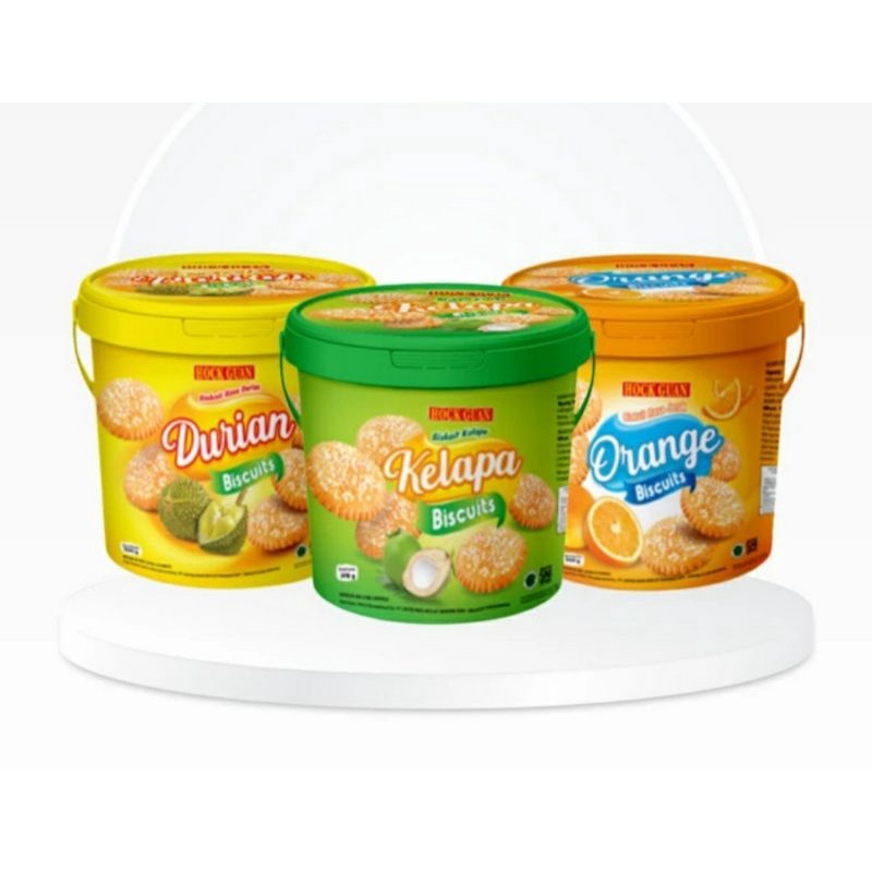Hock Guan Biskuit rasa Orange / Durian / Kelapa kemasan Bucket 300 gram