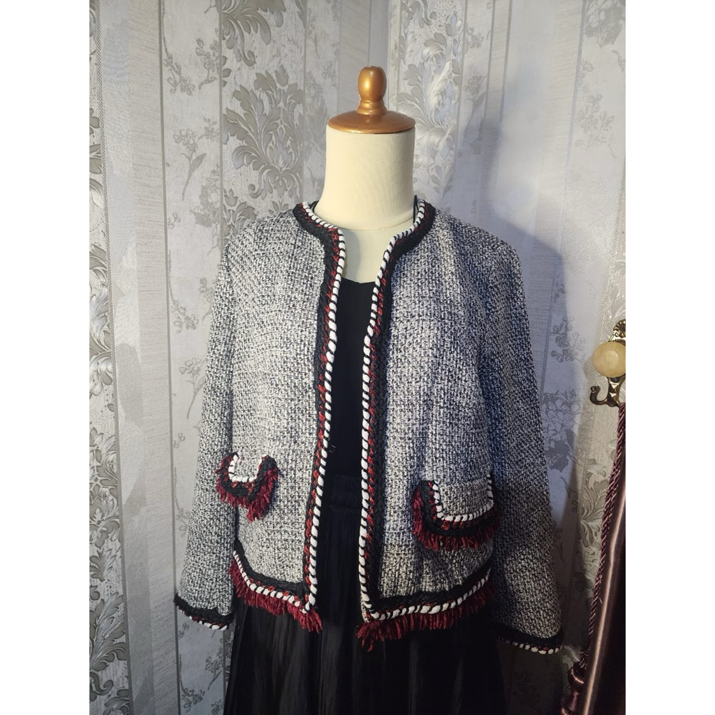 ZR Blazer Outer Crop Tweed Hitam Putih Merah
