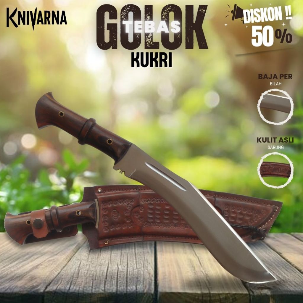 Pisau Tebas Kukri Baja Full Tang Sarung Kulit Asli