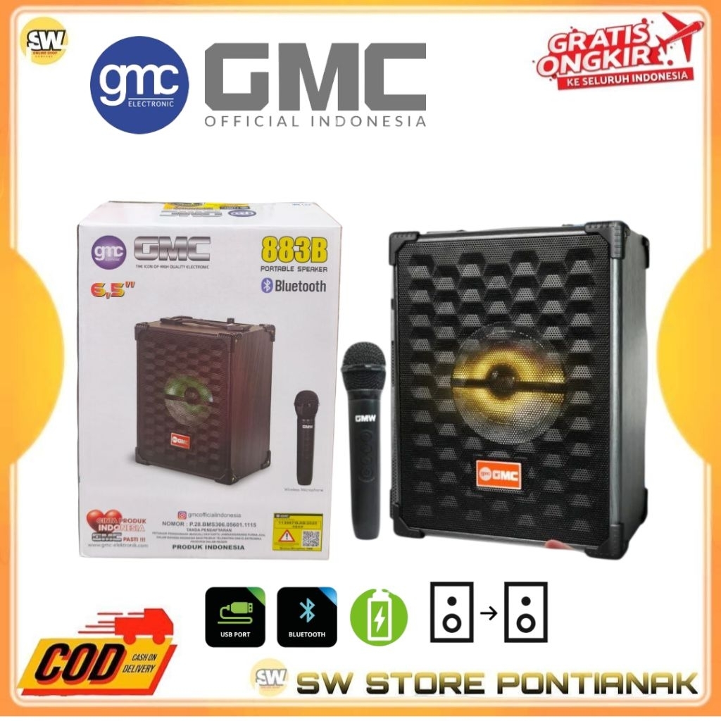 NEW GMC SPEAKER PORTABLE 6.5 INCH 883B KARAOKE / SPEAKER BLUETOOTH MIC WIRELESS  BASS