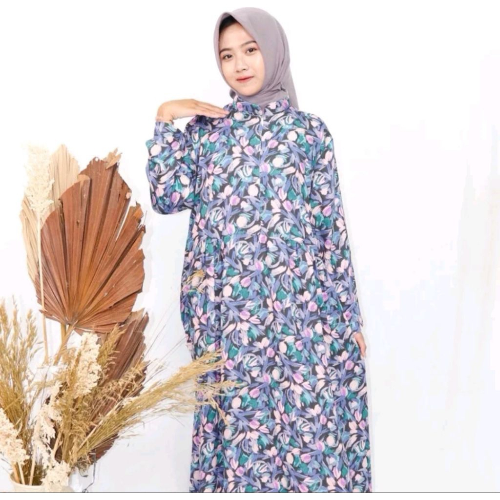 Gamis Motif Floral Navy Blossom Rayon Premium
