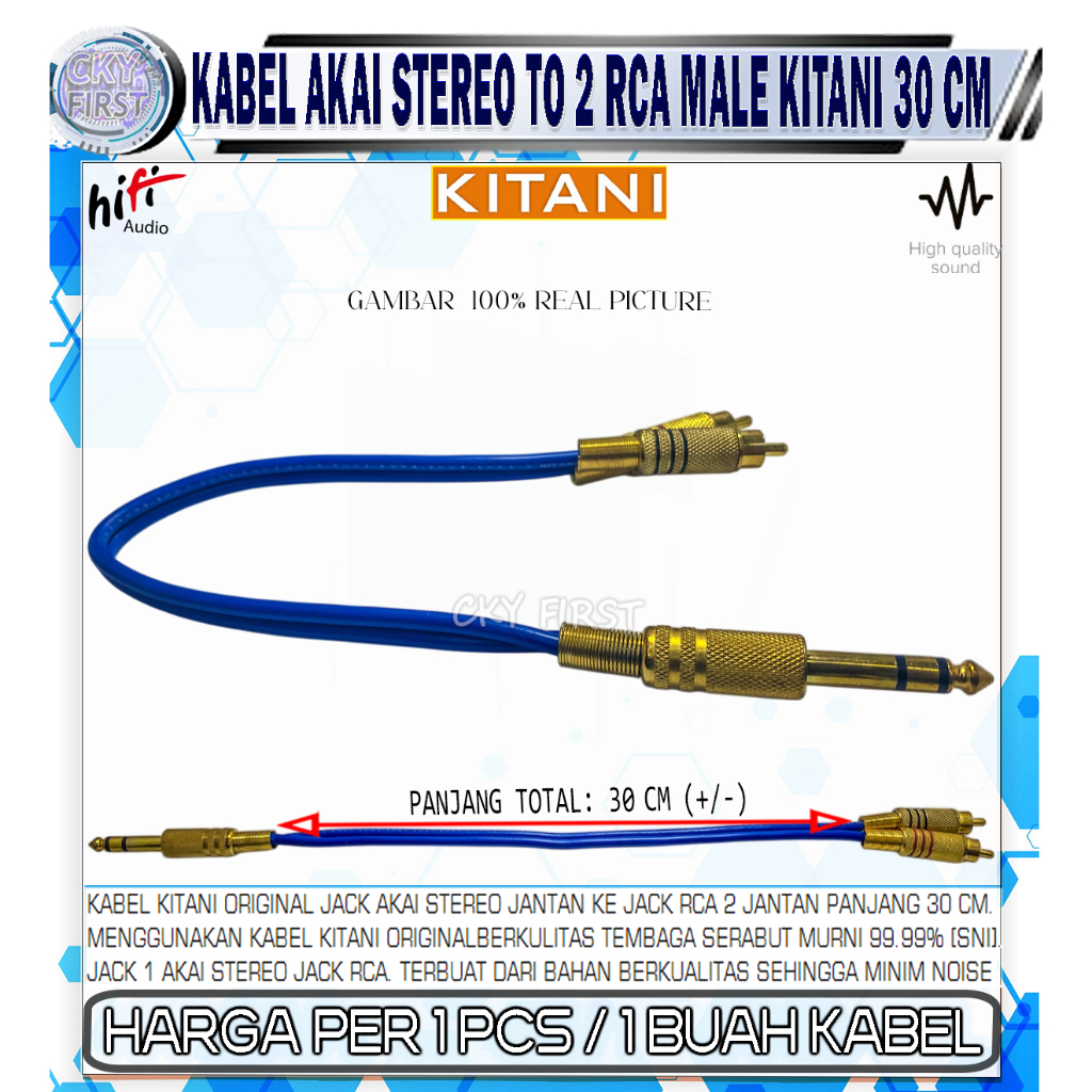 KABEL JACK AKAI TO 2 RCA STEREO MALE JANTAN KABEL KITANI 30 CM JACK AKAI TO 2 RCA GOLD