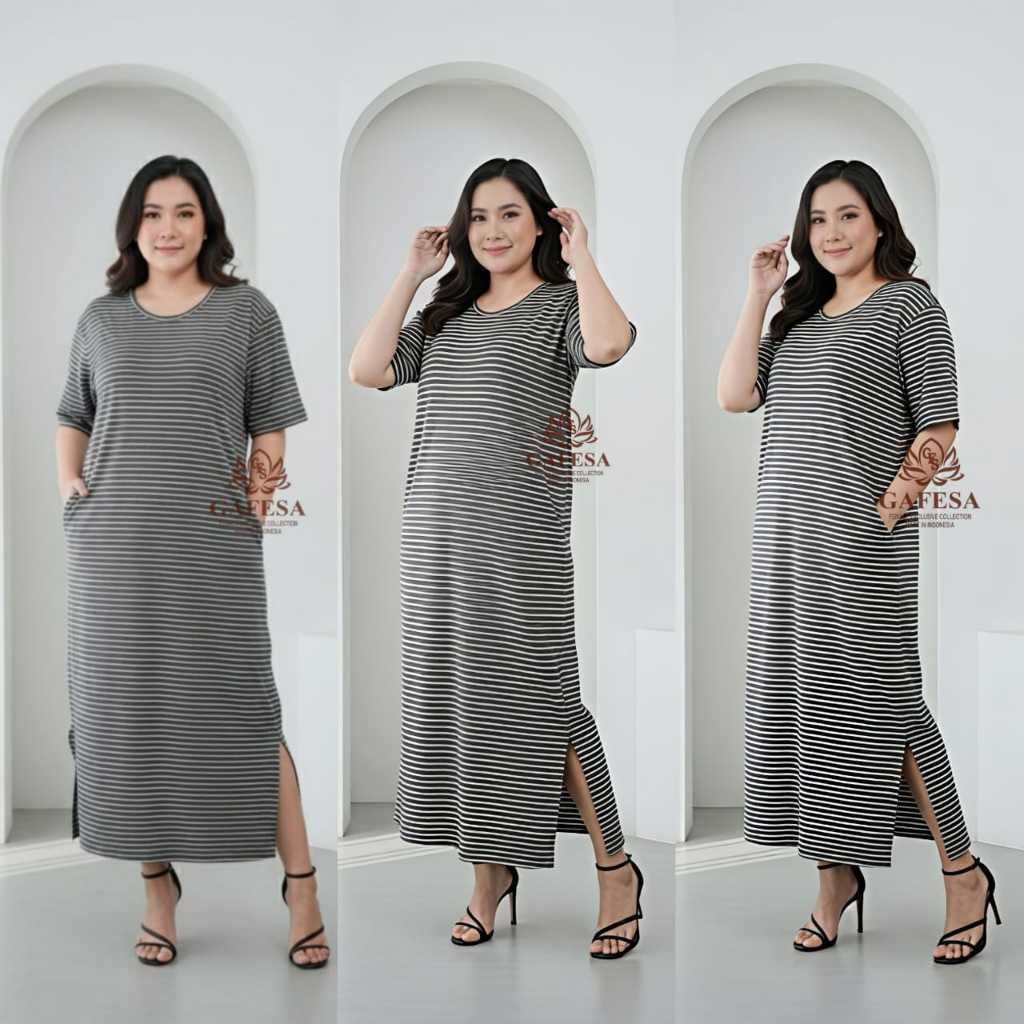 Gafesa - Midi Dress Salur Aleya Casual / Daster Salur Wanita Santai Kekinian Spandek Babytery Premiu