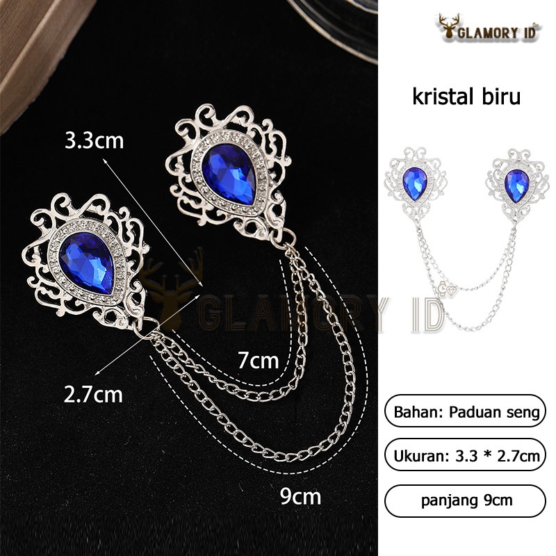 1set Pin Bros Kerah Kemeja Rantai Rumbai Lapel Pin Bros Jas Rantai Pin Kerah Kemeja Brooch Kristal B