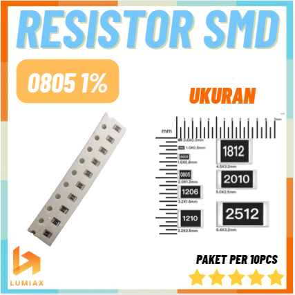 Paket Resistor SMD 10 Pcs 2012 / 0805 1% 0R 0Ohm, 0,33R 0.33Ohm, 1R5 1.5Ohm, 10R 10Ohm, 12R 12Ohm, 1