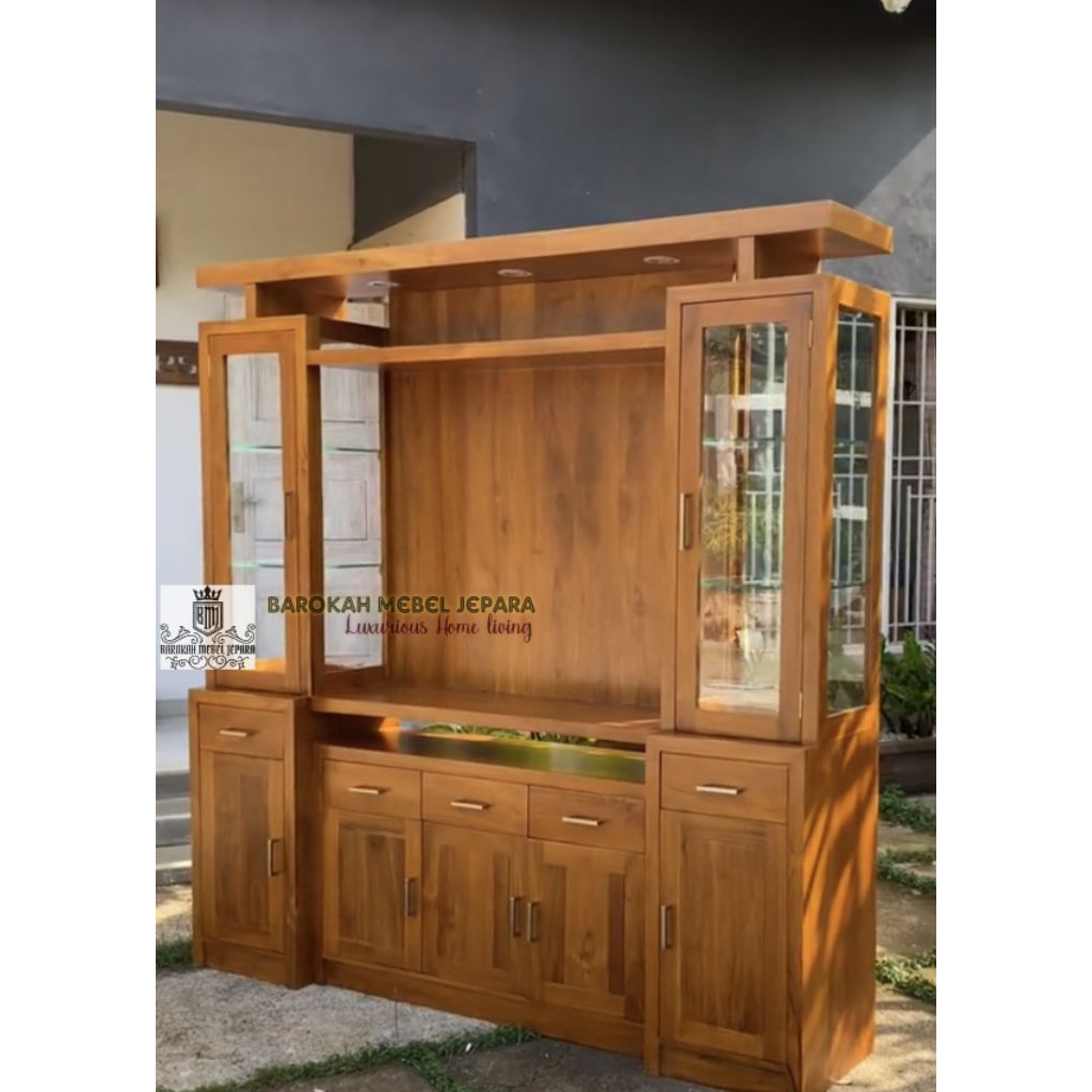buffet tv partisi ruangan jati penyimpanan kabinet kaca