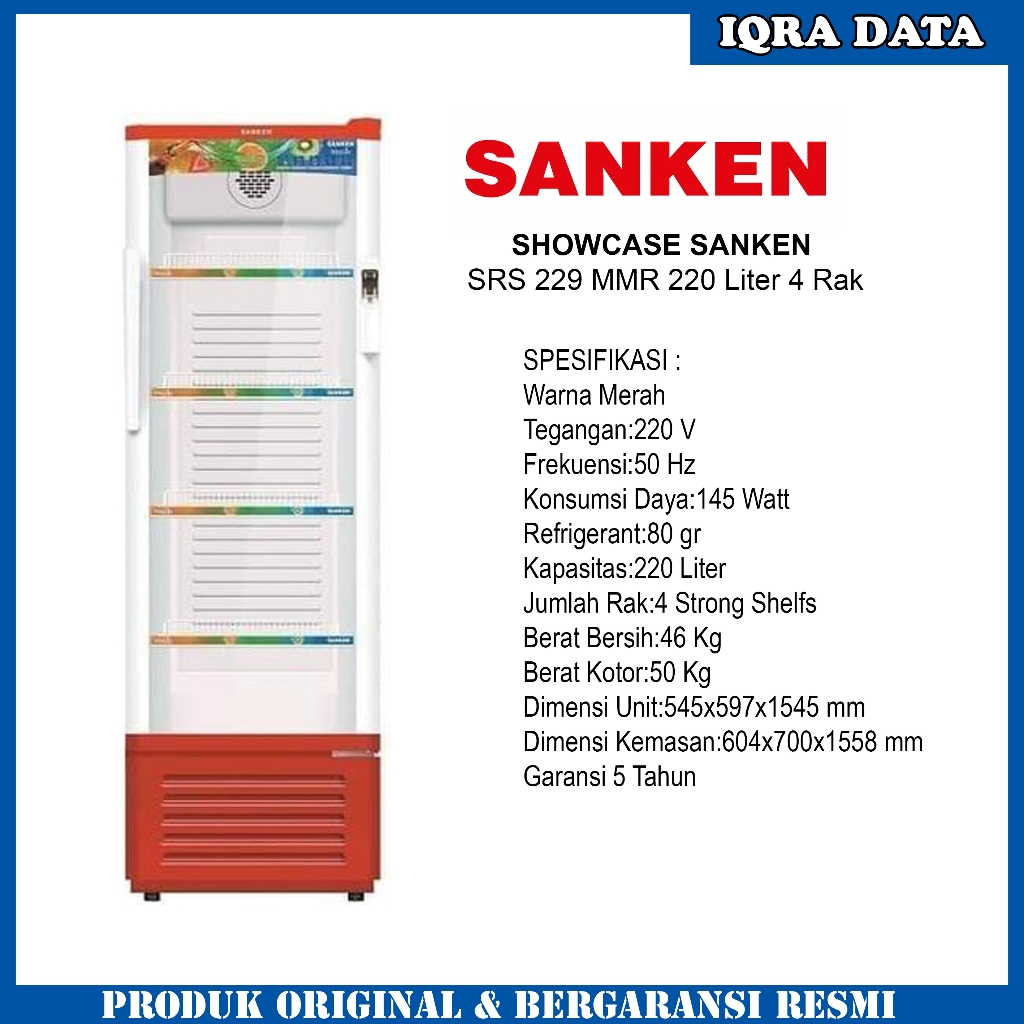 SHOWCASE SANKEN 4 RAK 220 Liter SRS-229 MMR Garansi Resmi 5 Tahun
