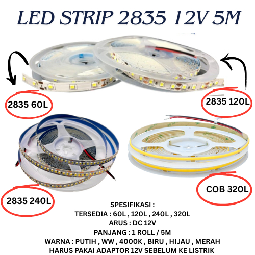 LAMPU LED STRIP FLEXIBLE SMD 2835 12V 5M  60L , 120L , 240L , COB 320L  IP33 DC 12V untuk Indoor Fle