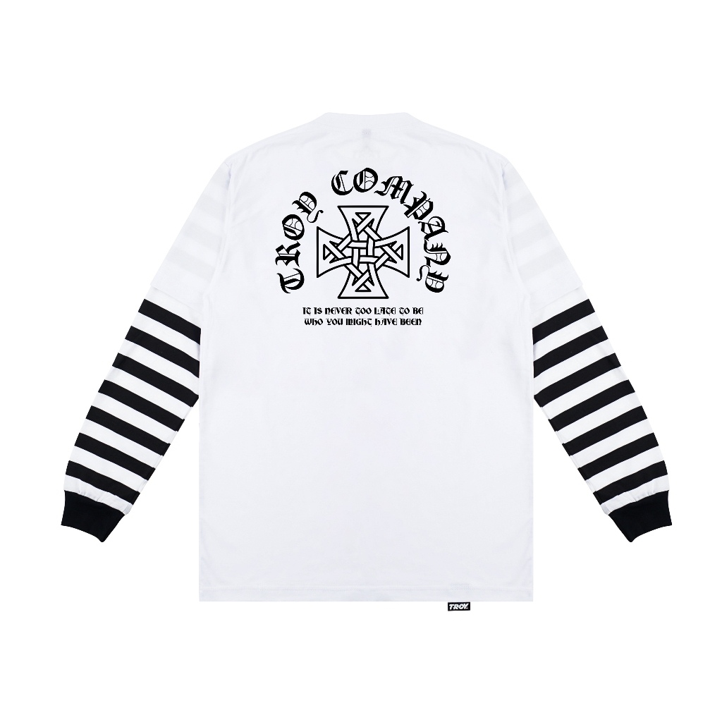 Troy Company Double Sleeve Longsleeve White Stripe Never Late - Kaos Lengan Panjang Kaos Putih Stripe DSD 3427