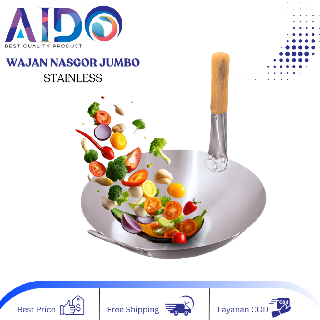 Wajan Nasi Goreng Stainless steel  Wajan Penggorengan gagang kayu Wajan Resto Chinese Food JUMBO